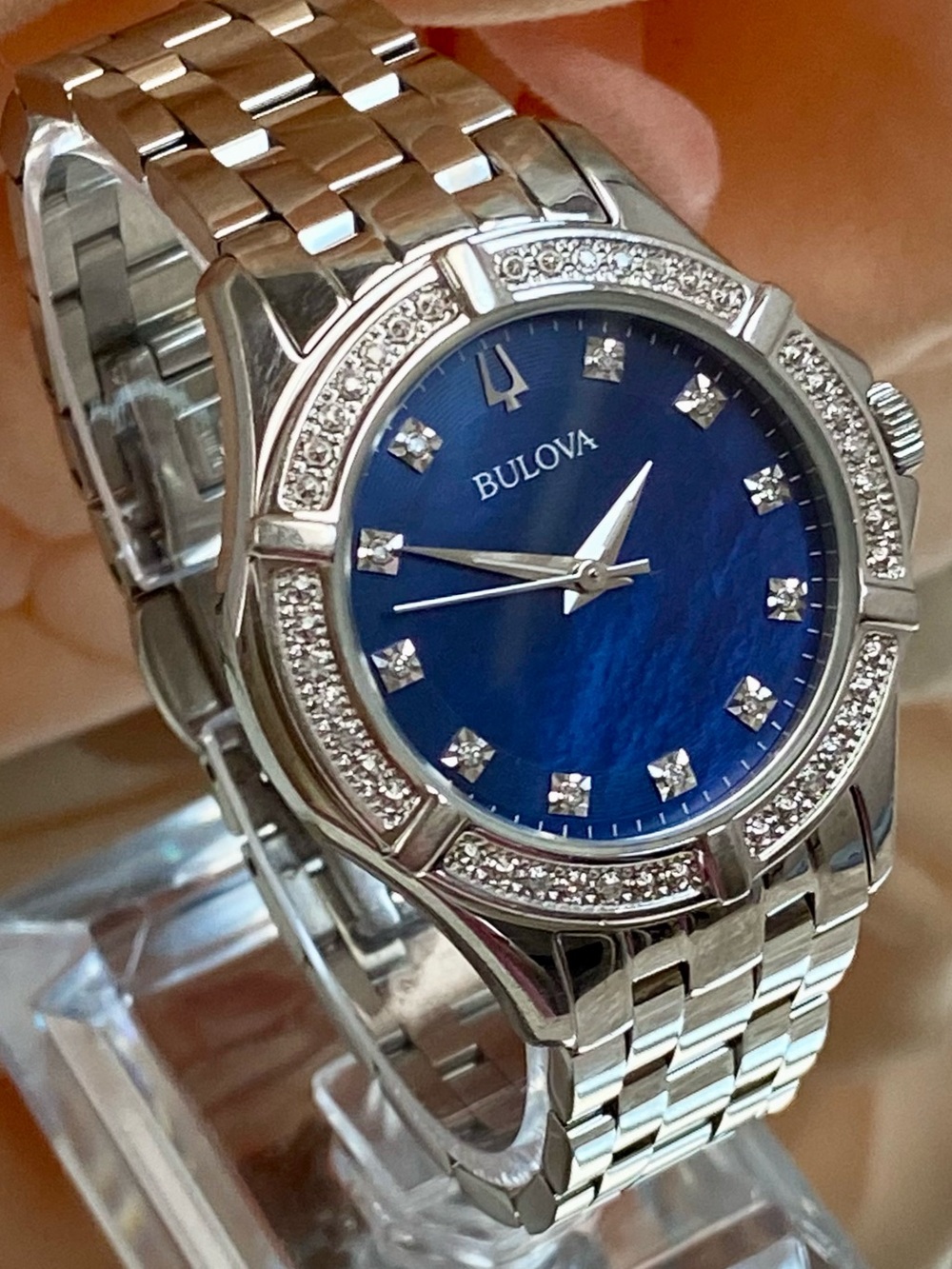 Bulova Diamond Accented Bezel & Dial Blue Mother of Pearl Dial Stainless Watch - Picture 4 of 16